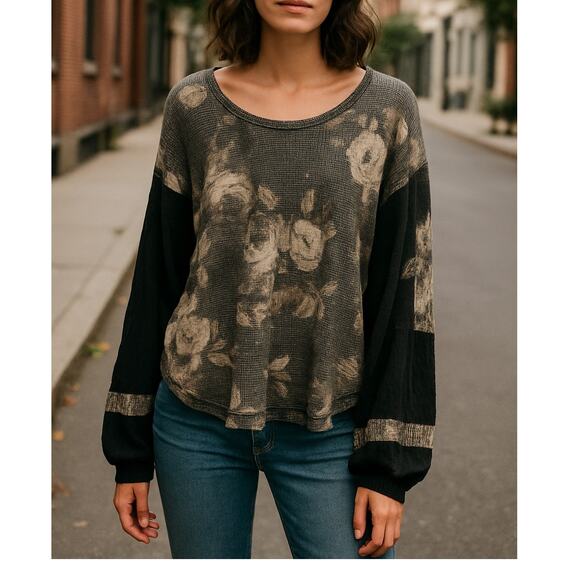 Free People Black Floral Waffle Knit Top XS Boho Streetwear Slouchy Long Sleeve - Picture 1 of 8